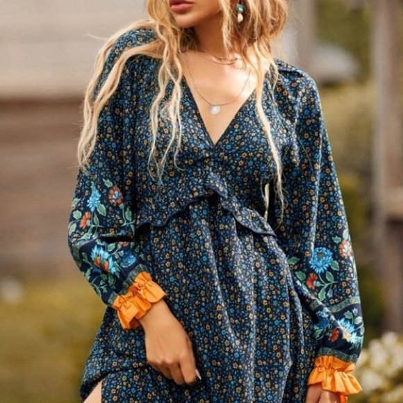 Boho blue Ditsy Floral Flounce long Sleeve Split Thigh Maxi Cottagecore Dress - Picture 5 of 6